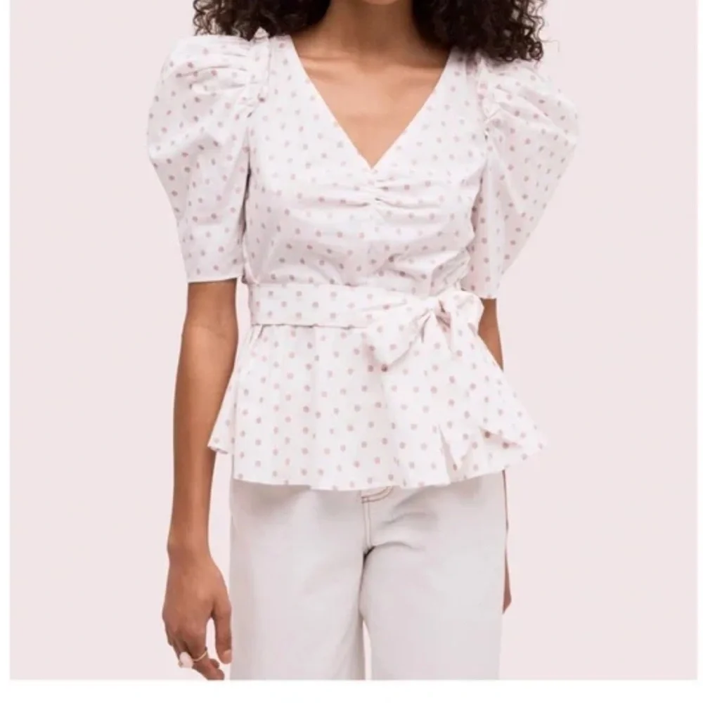 Kate Spade White with Pink dot Peplum  Blouse size 8
